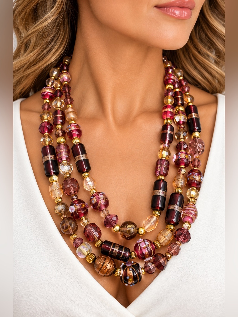 Multi-Strand Venetian Wedding Cake Glass Bead Necklace Burgundy